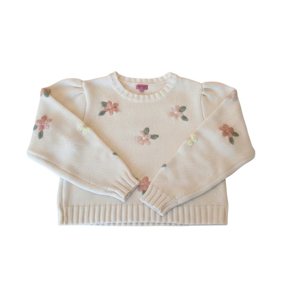 Mi Ami Sweater Knit Floral Embroidered Puff Sleeve Cream Cottagecore Casual S